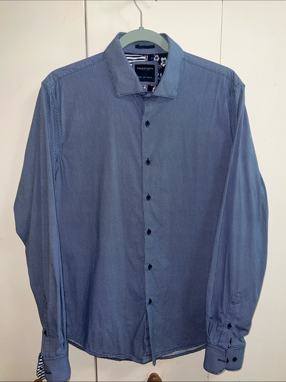 Denim & Flower Men's Blue Microdot Dress Shirt Size L